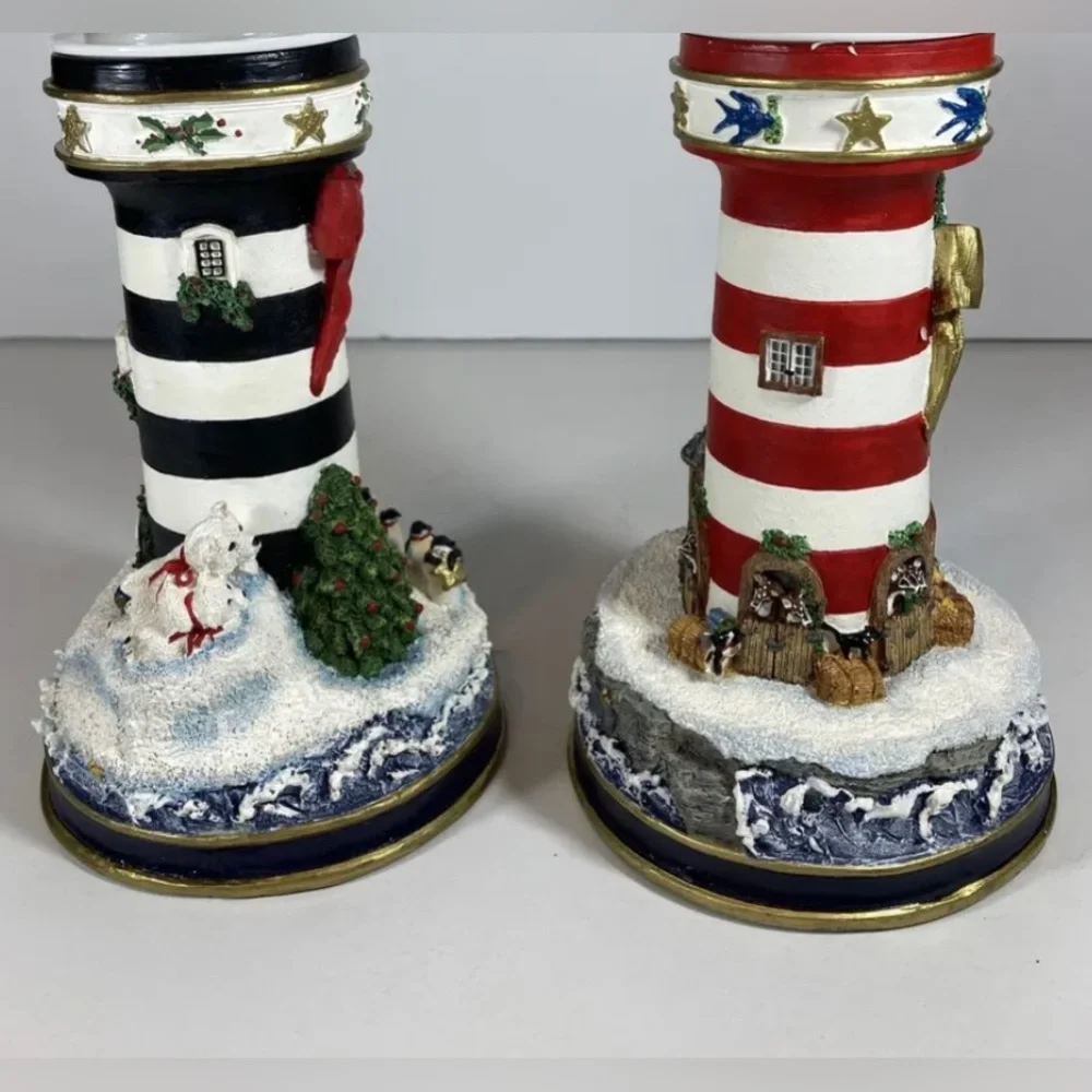 Pair of Danbury Mint Lighthouse Candle Holders‎ Christmas Santa Polar Bear